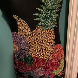 BLACK BATHING SUIT WITH COLORFUL EMBROIDERED FRUIT